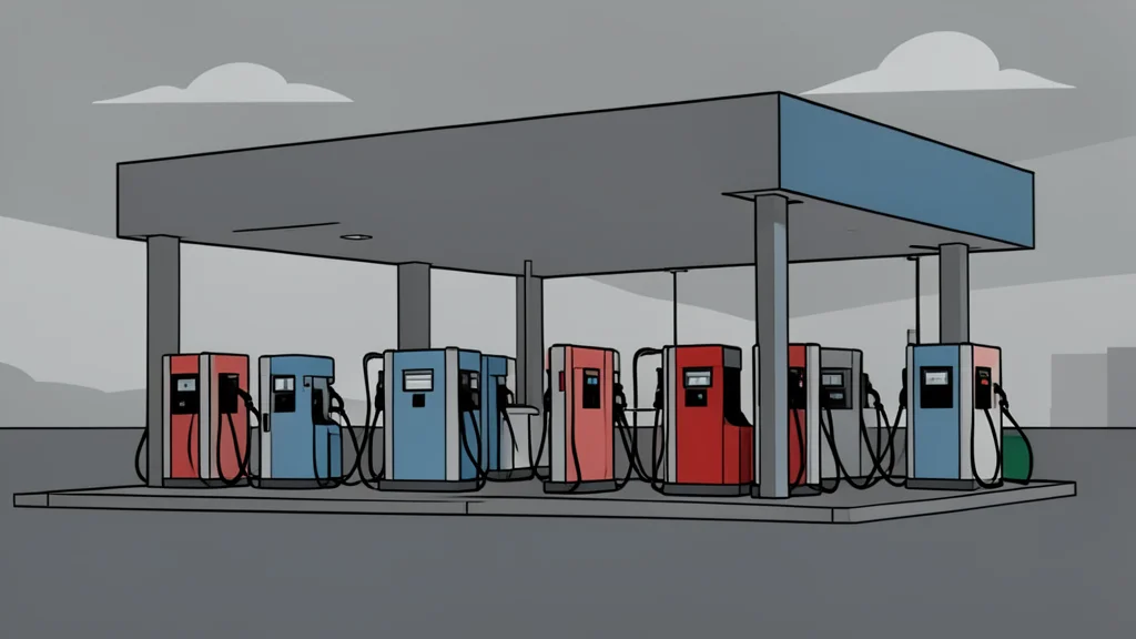 A row of fuel pumps at a service station under a grey sky