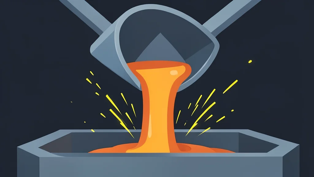 A large industrial steel mill with glowing orange molten metal flowing into molds