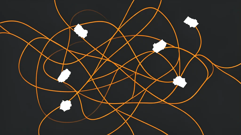 A tangled web of thin, glowing threads connecting scattered, isolated paper scraps on a dark surface