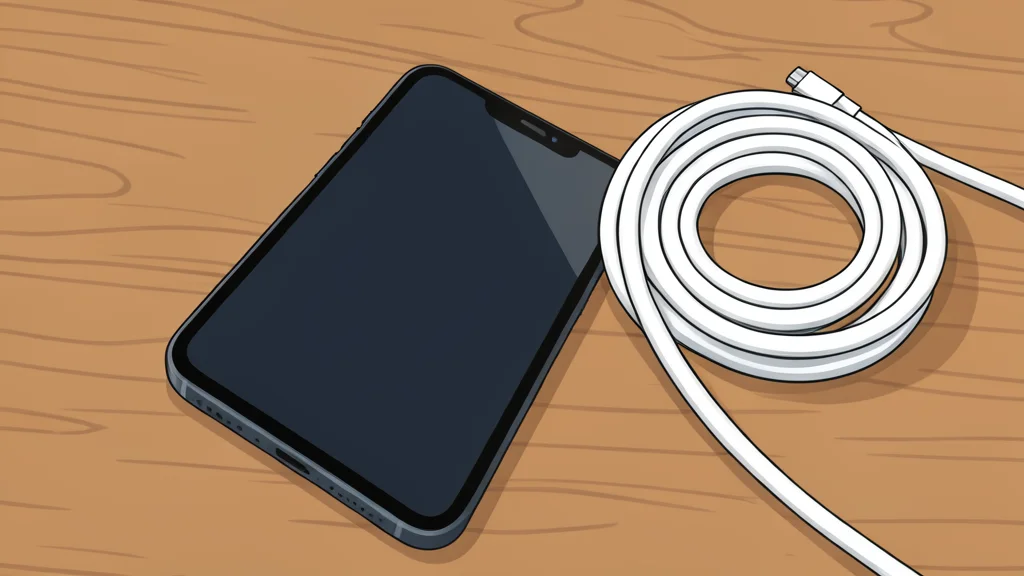 A modern smartphone lying on a wooden desk next to a charging cable