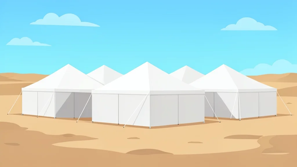 A cluster of white medical tents set up in a dusty, open field under a bright sky