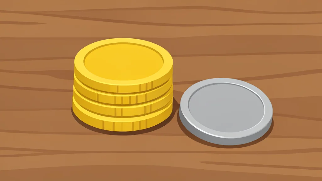 A stack of gold coins and a single silver coin resting on a wooden desk