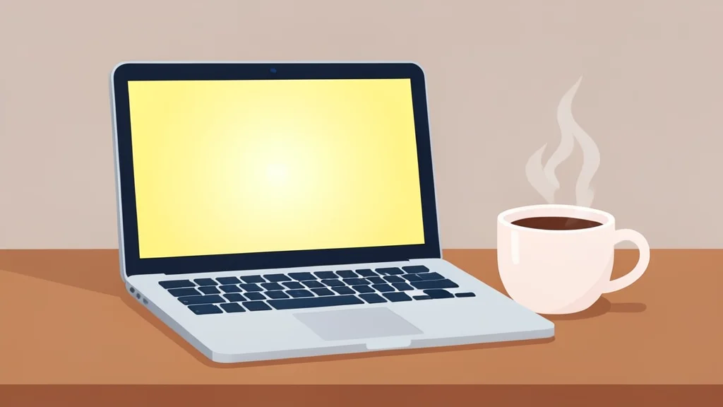 A laptop computer with a glowing screen sitting on a wooden desk next to a steaming mug of coffee