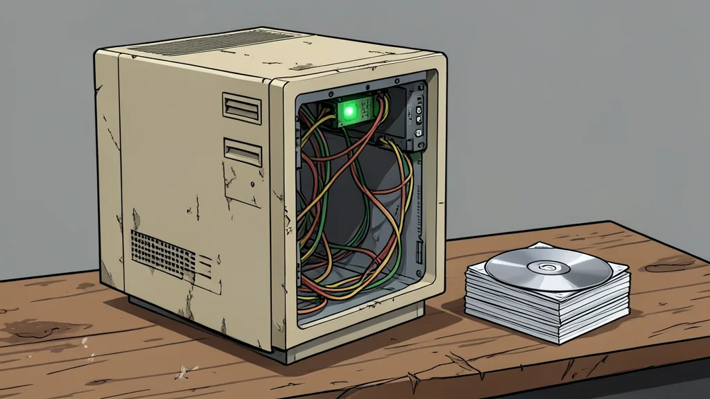 A retro handheld game controller resting on a wooden desk next to a stack of old CD-ROMs