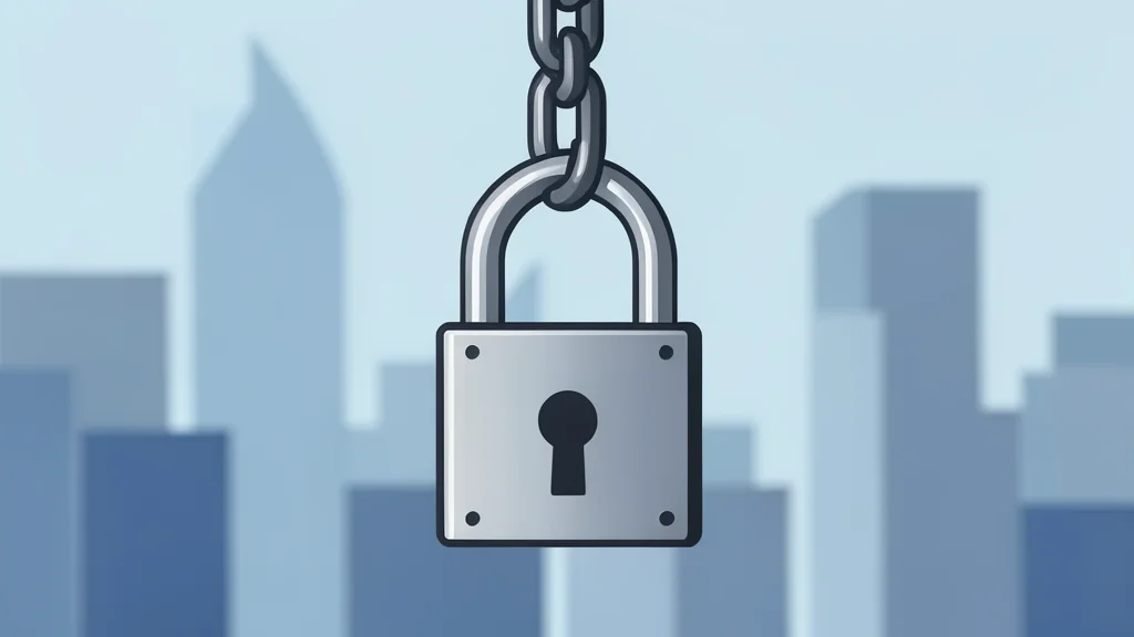 A digital padlock hanging from a chain against a blurred city skyline