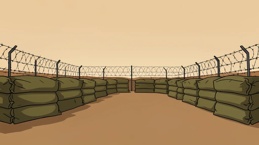 A military base perimeter with sandbags and barbed wire under a dusty sky