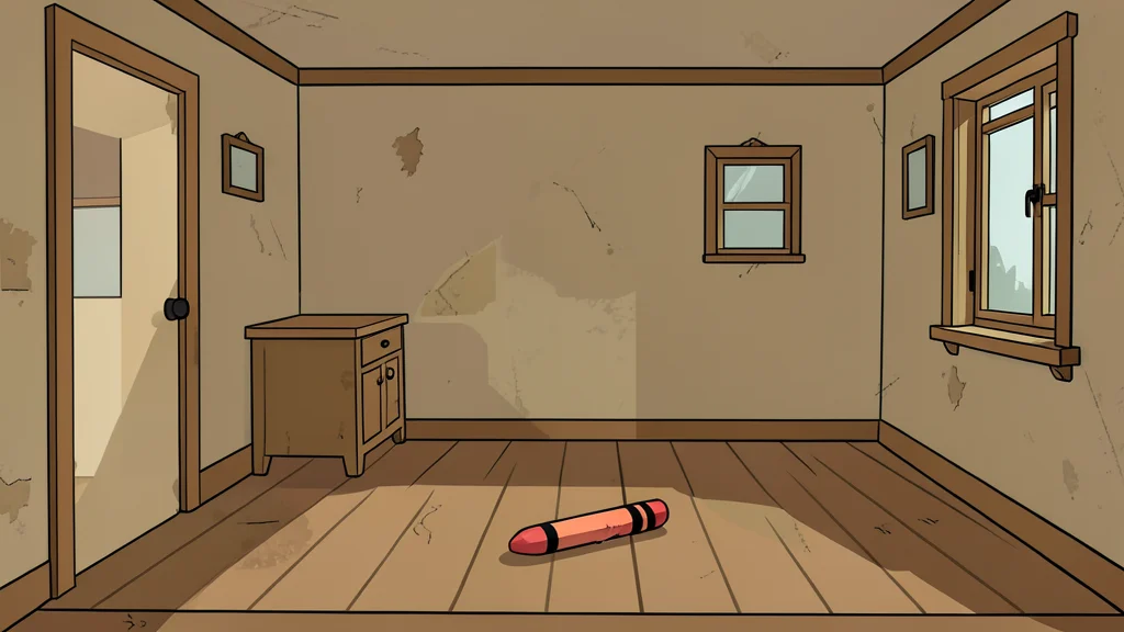 A vintage, dusty dollhouse interior with a small, tattered red crayon lying on the floorboards