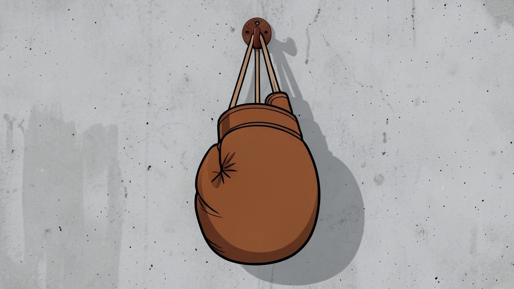 A pair of worn leather boxing gloves resting on a wooden table