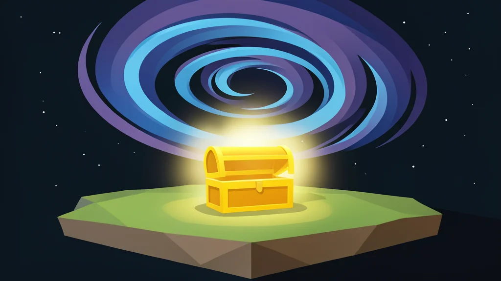 A stylized, low-poly island landscape with a large, glowing golden chest in the center and a swirling vortex of energy in the sky.