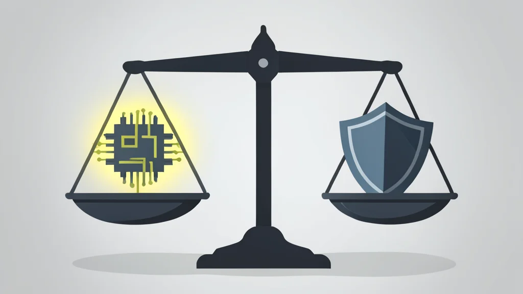 A digital scale balancing a glowing microchip on one side and a protective shield on the other