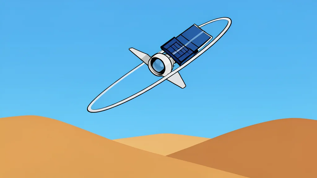 A stylized satellite orbiting above a flat desert landscape with dunes in the background.