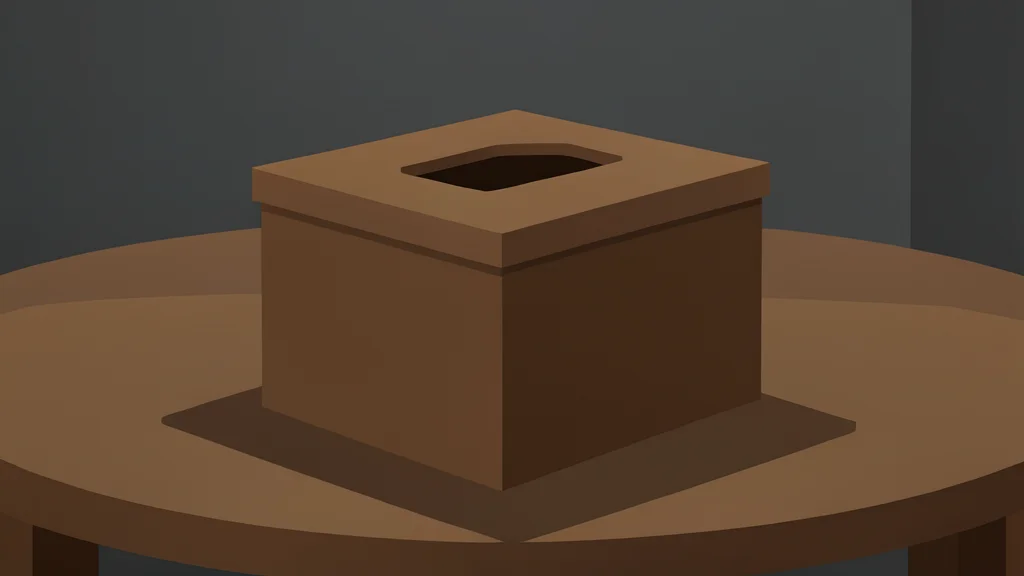 A wooden ballot box with a slot on top, sitting on a table in a dimly lit room.