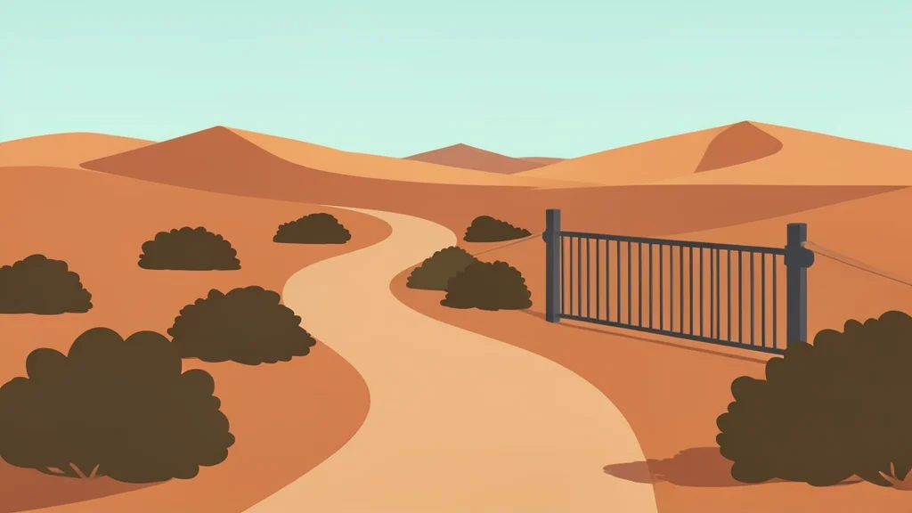 A rugged desert landscape with a dirt road leading to a metal gate structure at a border checkpoint