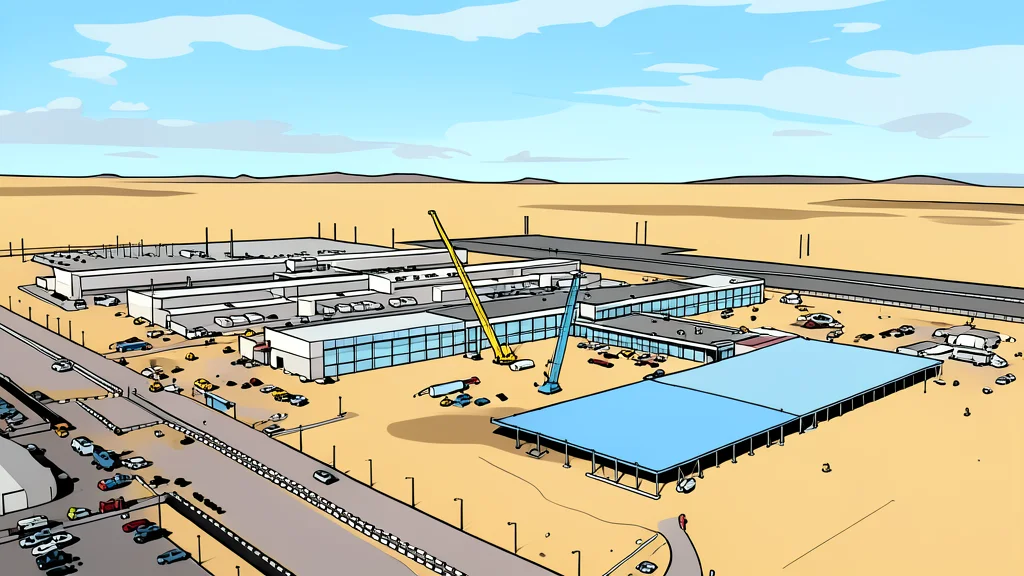 A vast, modern industrial complex of large rectangular buildings with cooling towers and high-voltage transmission lines stretching into a flat landscape under a cloudy sky.