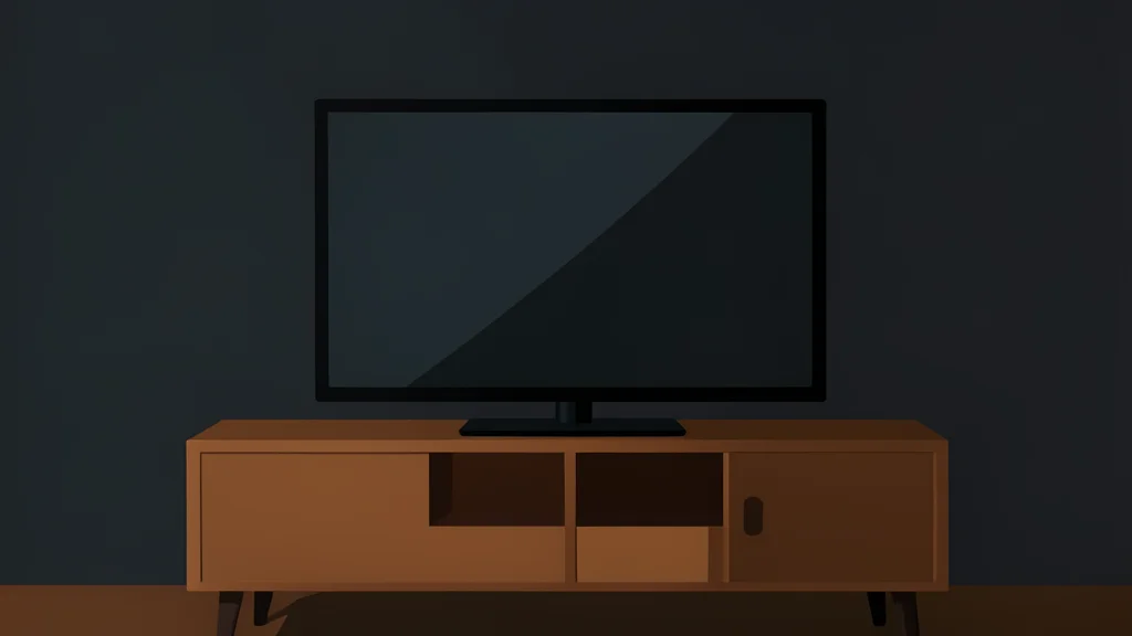 A modern flat-screen television with a dark reflective screen sits on a wooden console in a dimly lit room.