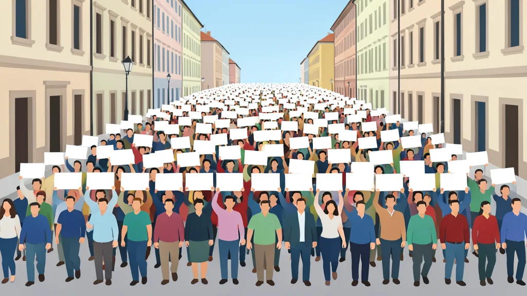 A wide, paved city street in Europe with a dense crowd of people walking together, holding blank white rectangular placards aloft.
