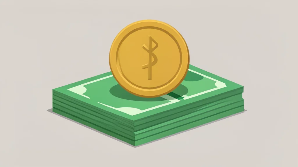 A digital coin resting on a stack of paper currency