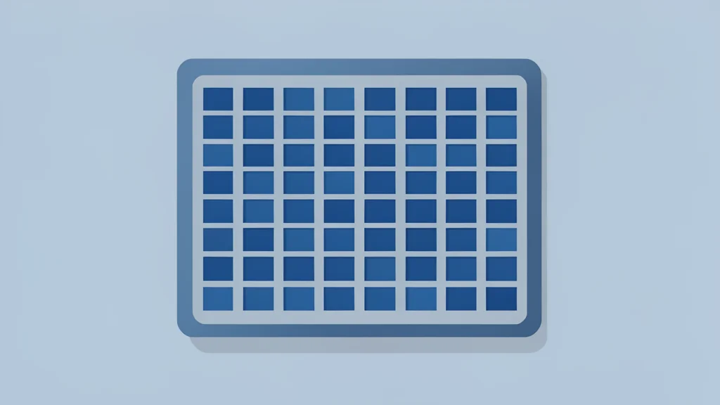 A close-up view of a rectangular silicon wafer with a grid of square chips, resting on a clean laboratory surface.
