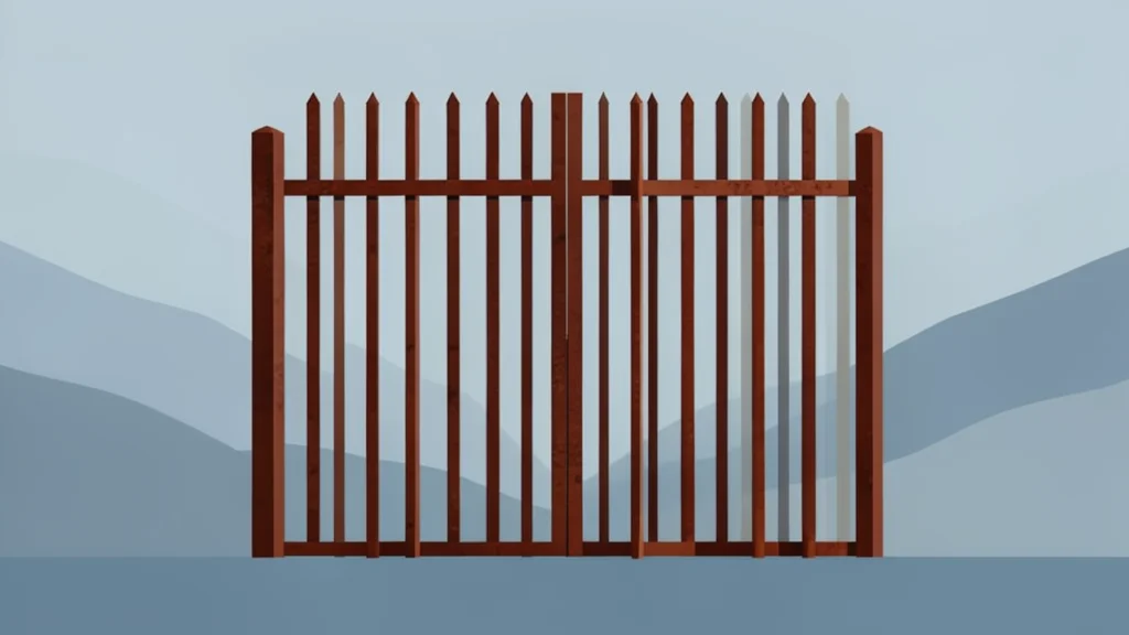 A heavy iron gate slowly closing in a foggy landscape
