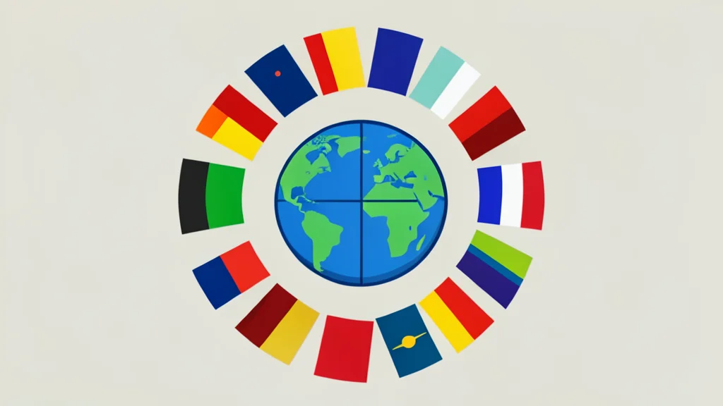 A cluster of diverse national flags arranged in a circle around a central globe