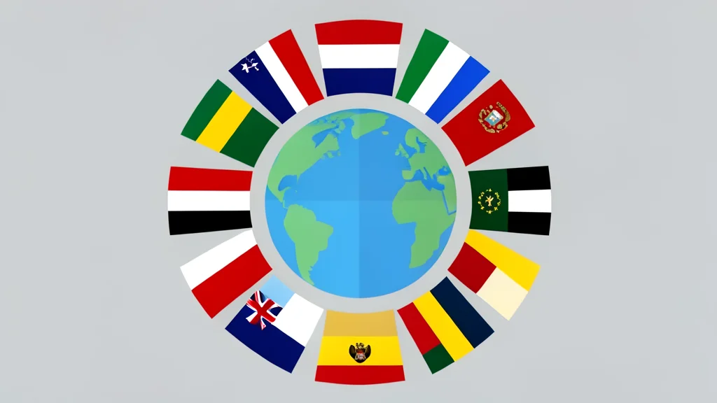 A cluster of diverse national flags arranged in a circle around a central globe