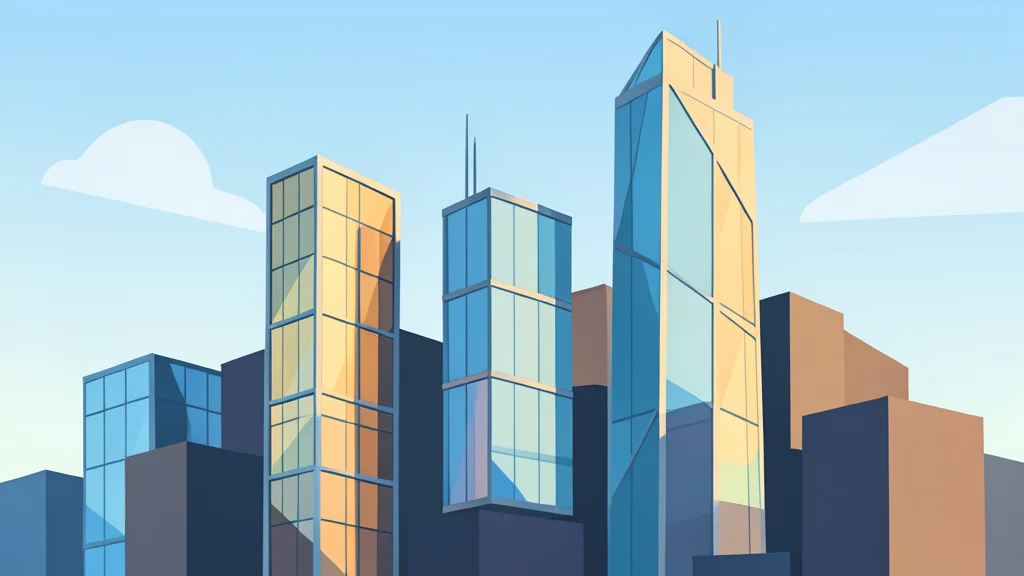 A view of a modern city skyline with glass skyscrapers reflecting the morning sun