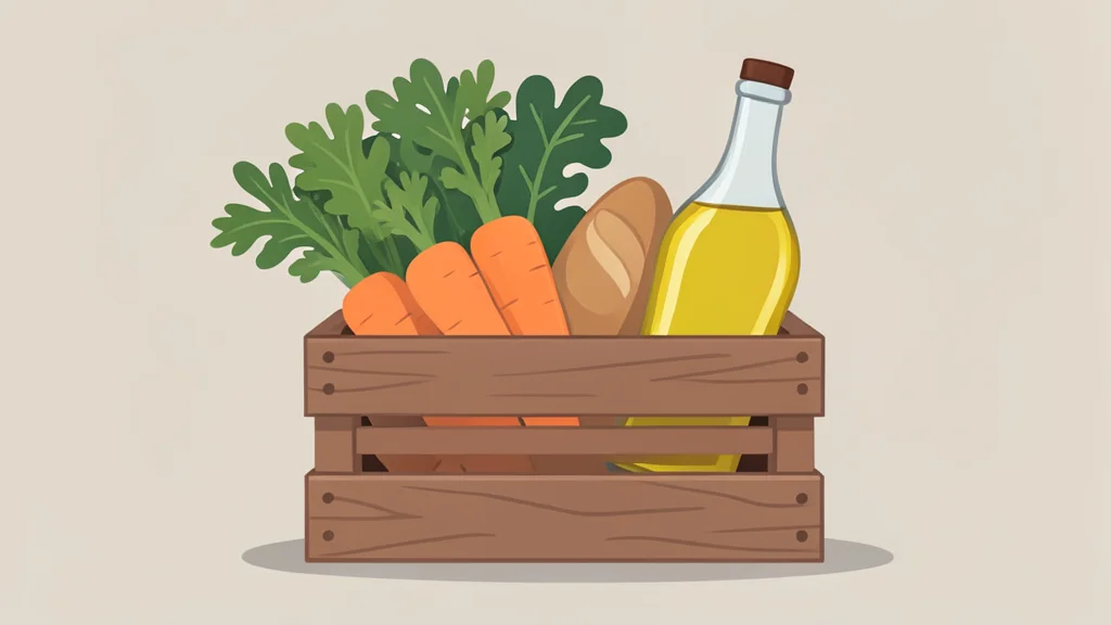 A wooden crate filled with fresh produce and grocery items