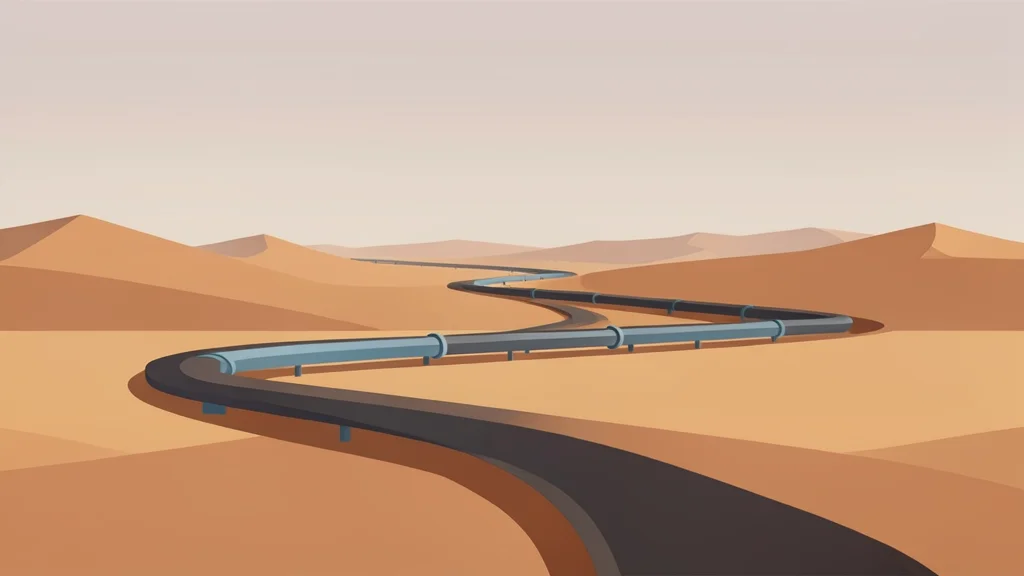 A long, winding pipeline stretching across a dry, arid desert landscape under a hazy sky