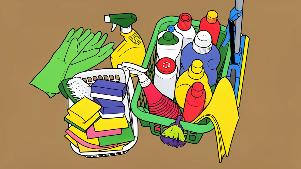 A wooden grocery cart filled with generic household cleaning bottles and snack bars