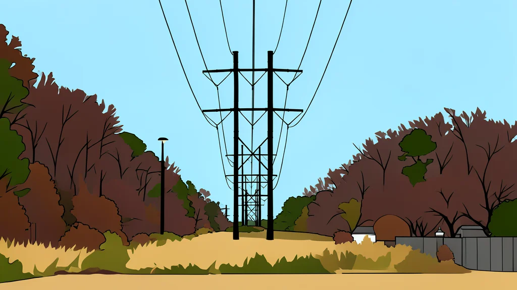 A high-voltage transmission tower standing in a field of green grass under a clear blue sky