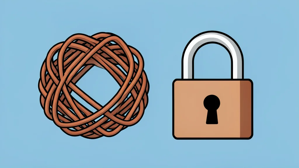 A tangled ball of copper wire intertwined with a digital padlock