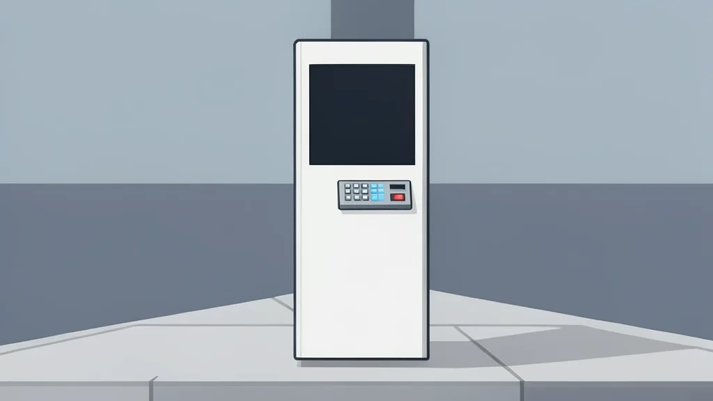 A standalone electronic kiosk with a keypad and card slot on a city sidewalk.
