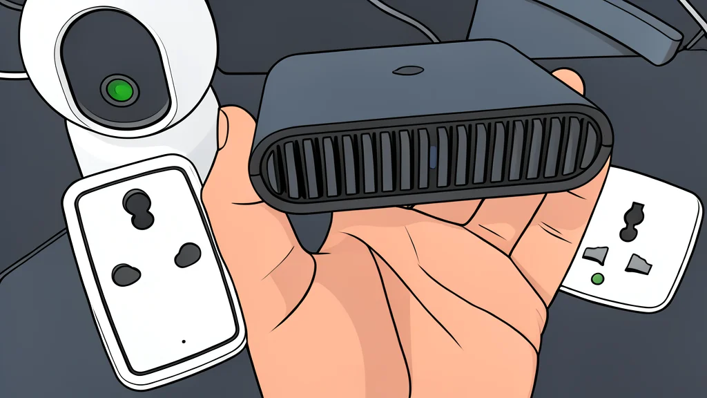 A small, portable wireless router with an antenna, connected by a cable to a larger home networking device on a wooden desk.
