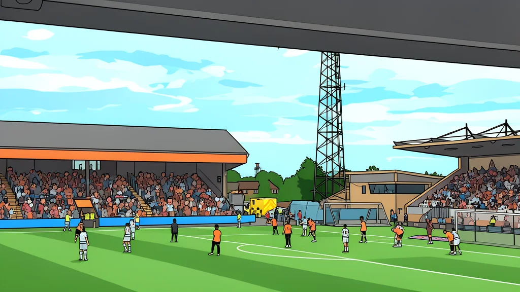 A flat-vector illustration of a green football pitch with white boundary lines and a goal net in the distance, under a clear sky.