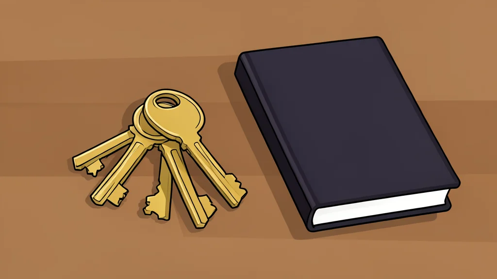A set of brass house keys resting on a wooden table next to a closed notebook