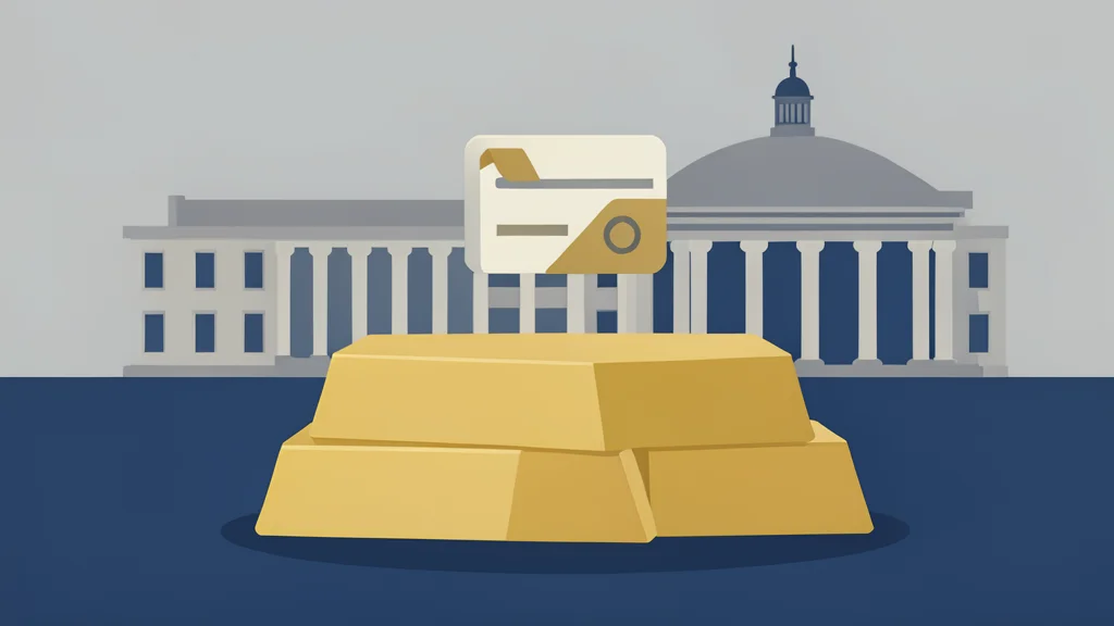 A stack of physical gold bars and a digital wallet icon floating above a parliamentary building silhouette