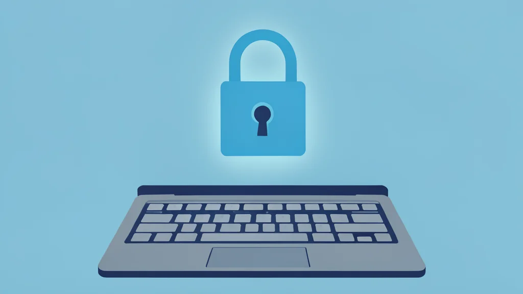 A glowing padlock icon floating above a laptop keyboard