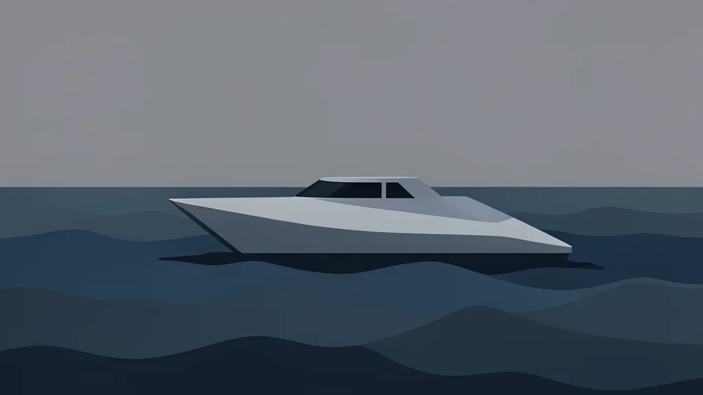 A small, angular unmanned surface vessel floating on dark, choppy water under a grey sky