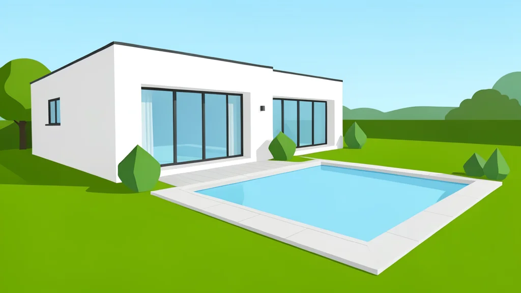 A modern single-family home exterior with a landscaped garden and a swimming pool