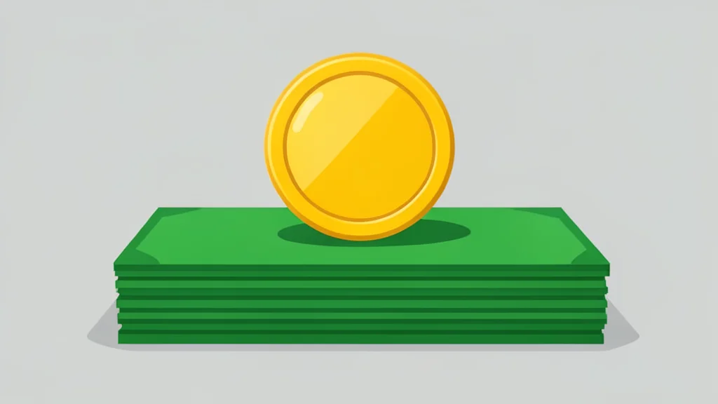 A digital coin resting on a stack of paper currency