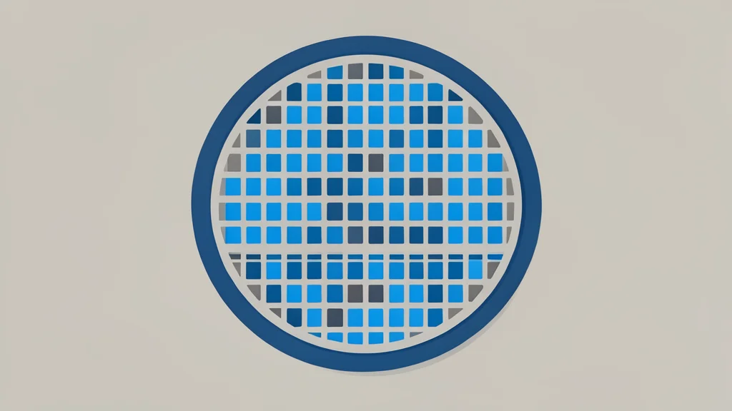 A close-up view of a silicon wafer with a grid of square chips