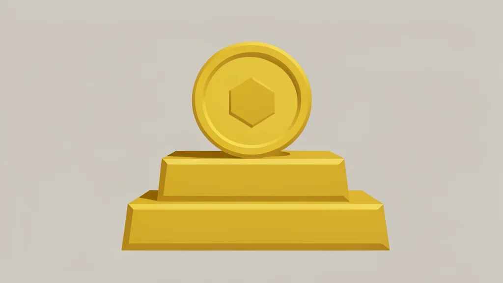 A digital coin resting on a stack of physical gold bars