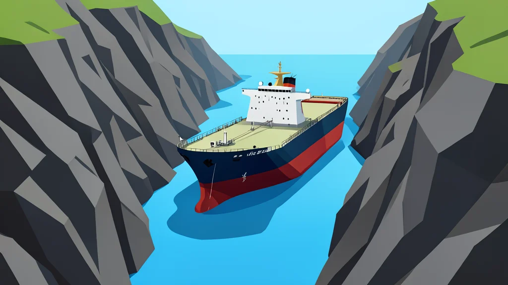 A large supertanker ship navigating through a narrow, rocky strait with high walls on both sides.