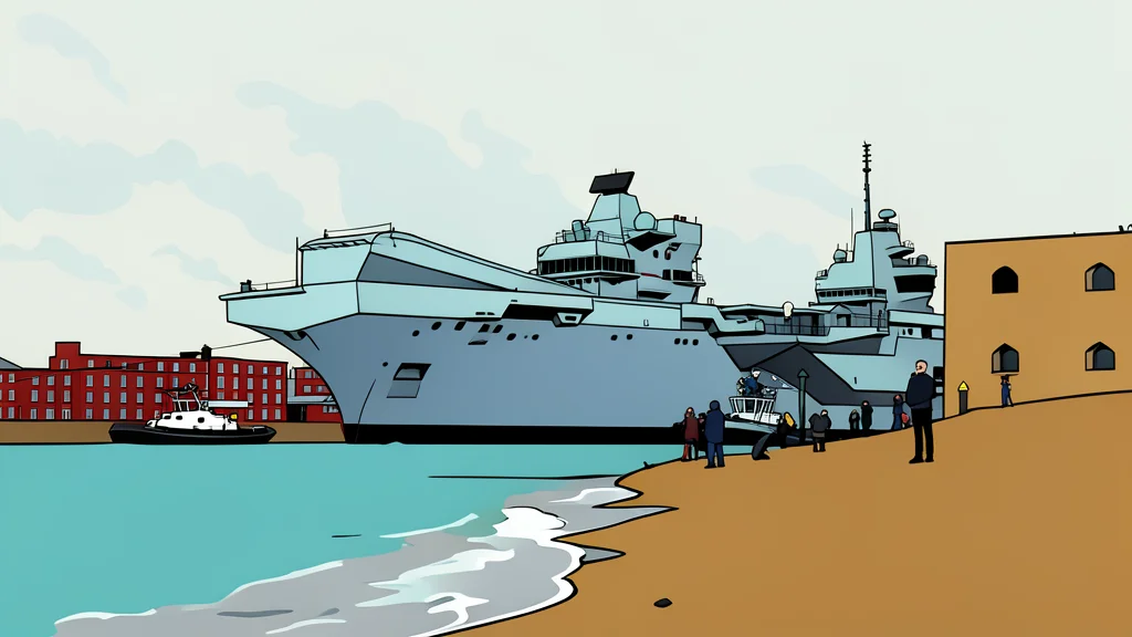 A large grey aircraft carrier with a flat flight deck and an island superstructure, sailing on calm blue water under a clear sky.