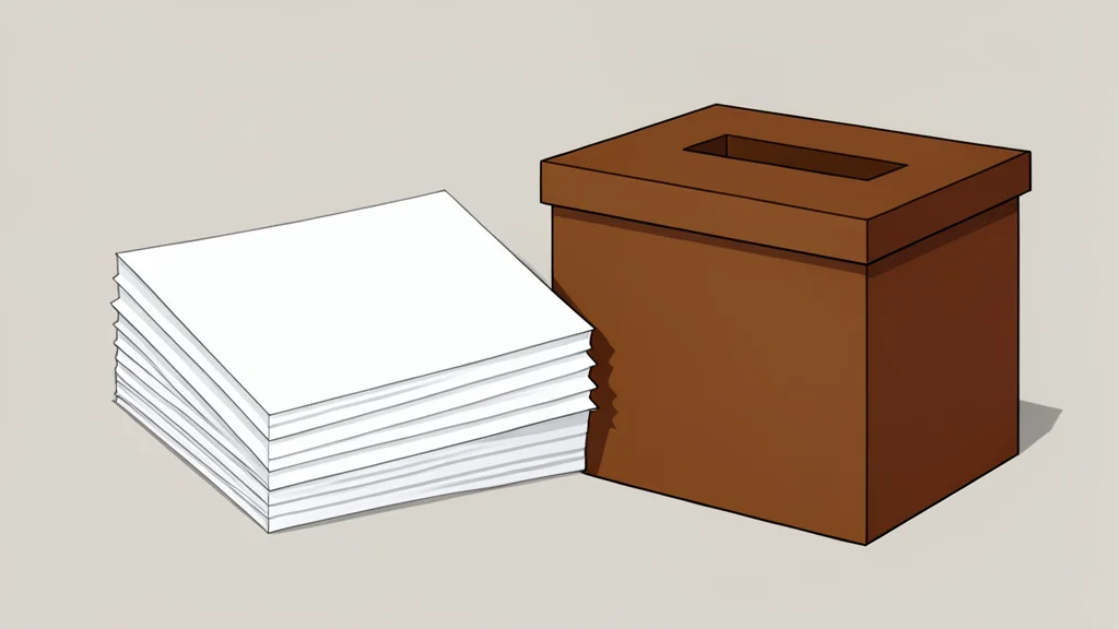 A stack of blank paper ballots and a wooden ballot box