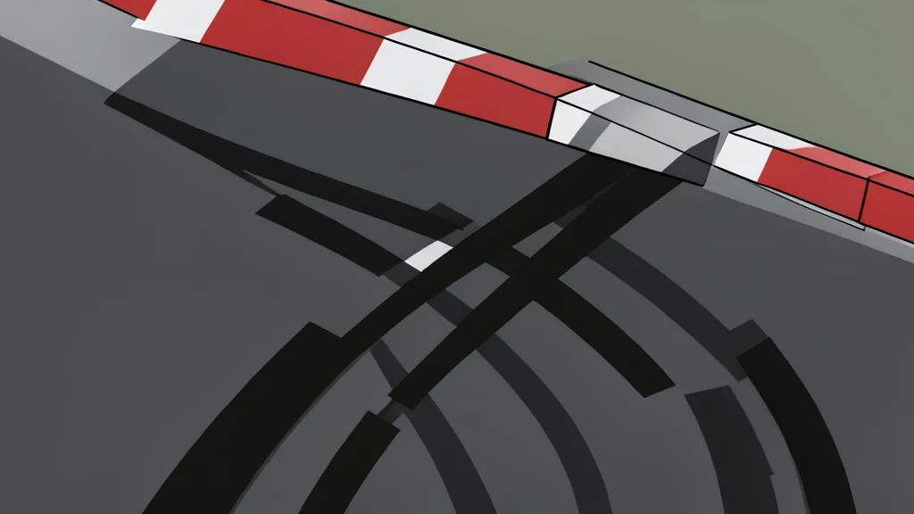 A winding asphalt race track with red and white curbs and tire barriers