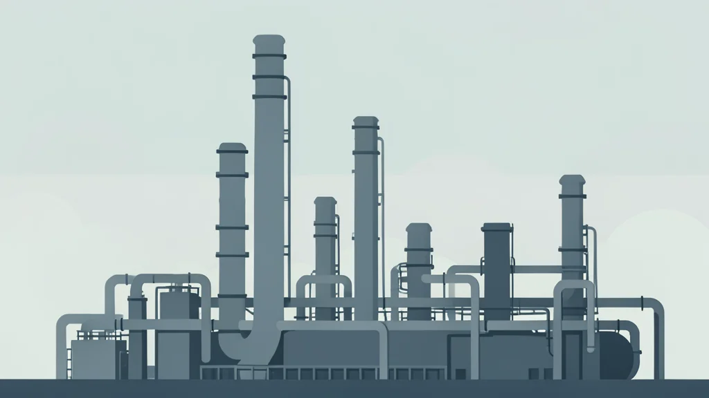 A large industrial oil refinery with tall distillation towers and piping against a hazy sky