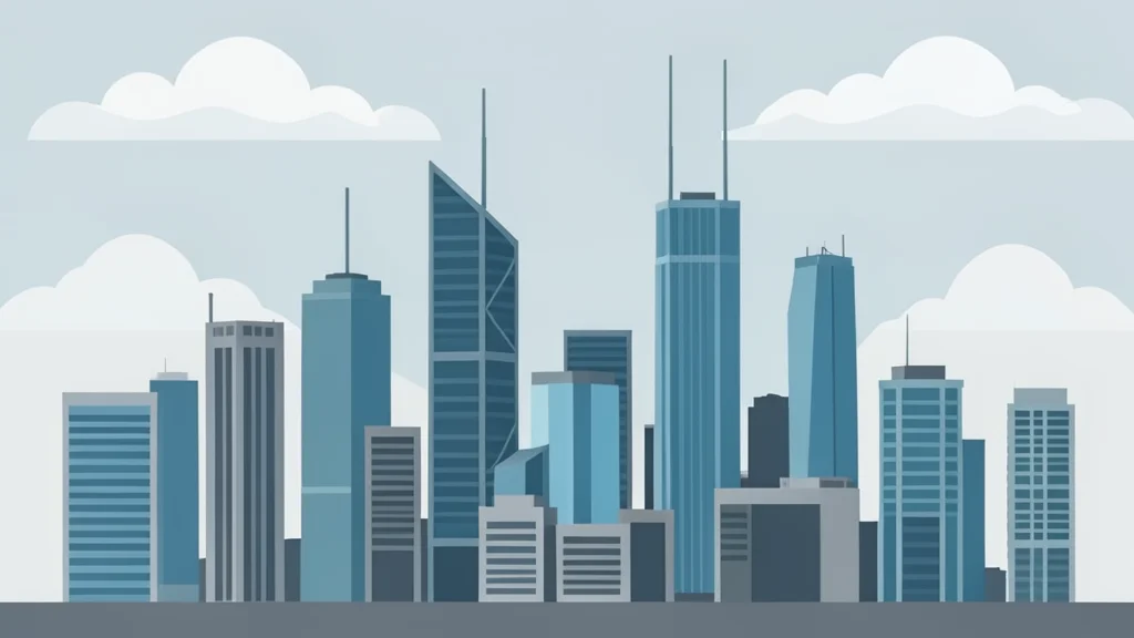 A modern financial district skyline with glass skyscrapers under a cloudy sky