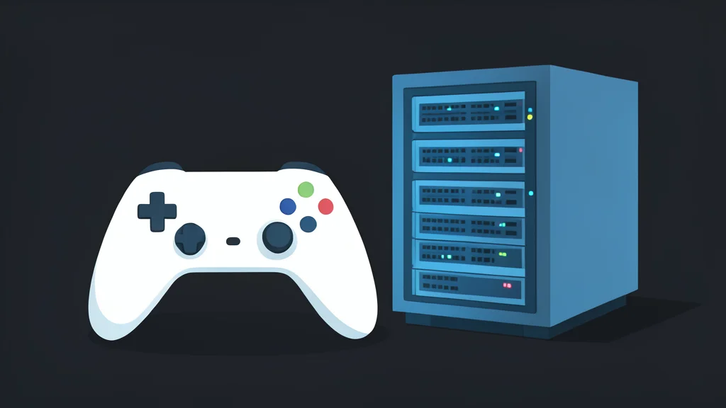 A white game controller resting on a dark surface next to a small, glowing server rack
