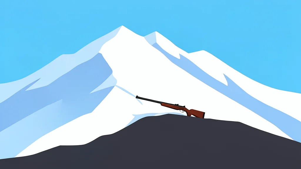 A snow-covered mountain ridge with a single rifle resting on the rocky ground.